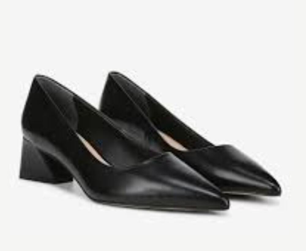Franco Sarto Racer Black Leather Pumps Size 8 M Pointy Toe Block Heel